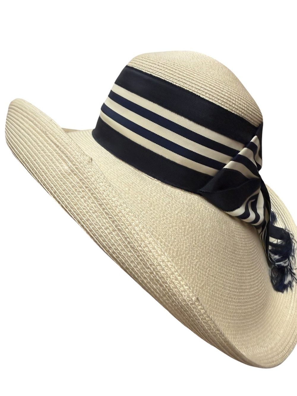 NWT Eric Javits Wide-Brim White Straw Hat Navy Striped Band 16” beach classic